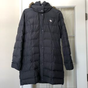 Abercrombie & Fitch Long Puffer Coat Waist Tie & Faux Fur Trim Hood Sz. L Gray